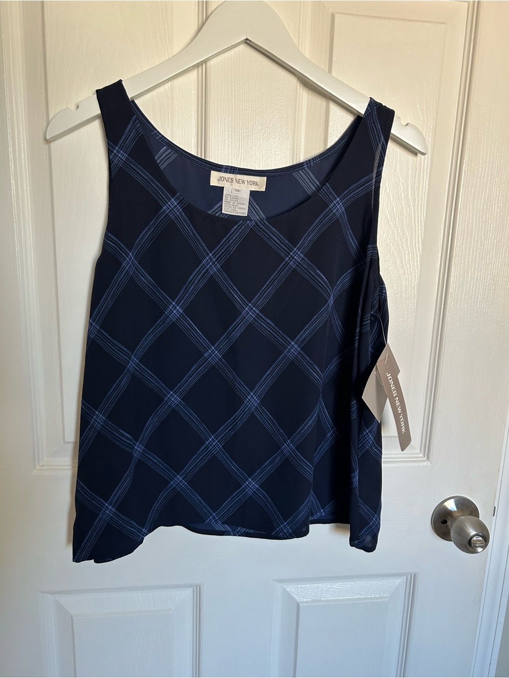 Jones New York Navy Plaid Sleeveless 100% Sandwashed Silk Tank Top NWT Size 14